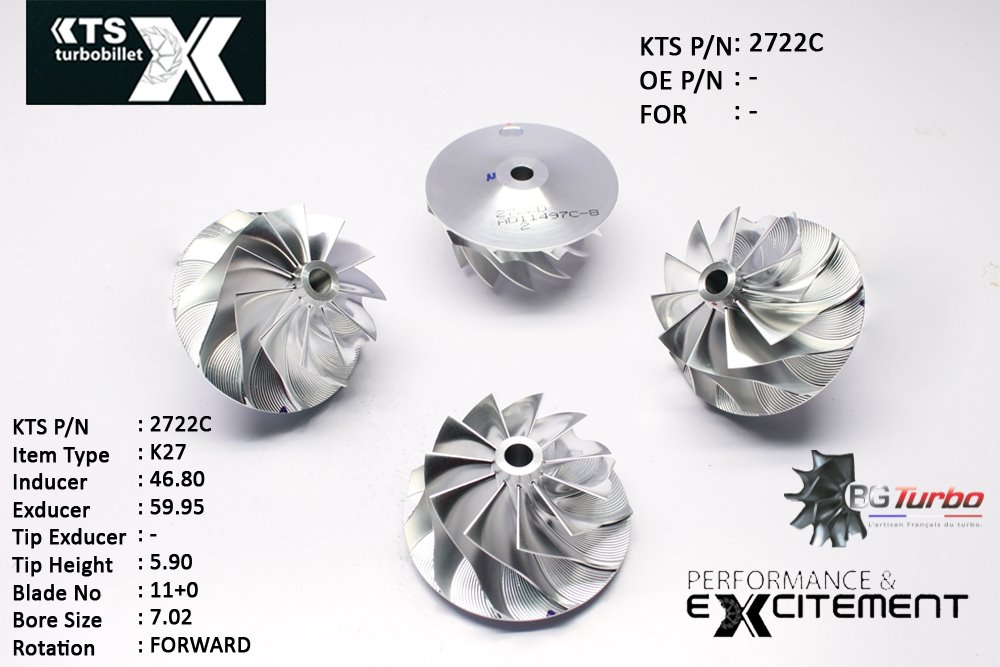 Turbo ROUE FORGÉE MFS PERFORMANCE - 11+0 PALES - INDUCER : 46,8 - EXDUCER : 59,95 - TYPE : K27ANGLE : 45° - ROTATION : Forward - SUPER BACK : 3,7 - BORE SIZE : 7,02
